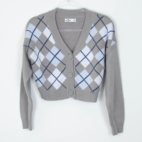 Hollister Easy Crop Button Front Argyle Print Sweater Cardigan Womens Size XS - Picture 2 of 9